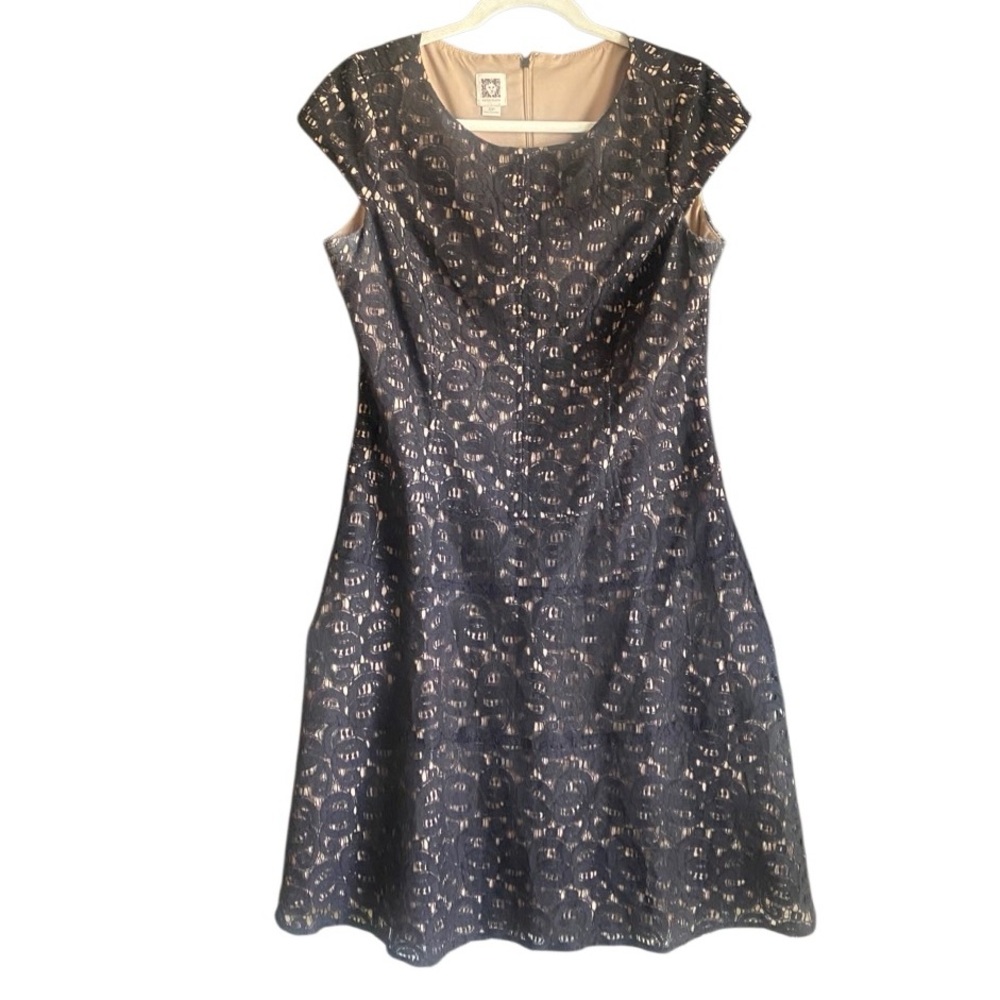 Anne Klein Dress Womens 12 P Black Lace Nude Lining Cap Sleeve A-Line Party